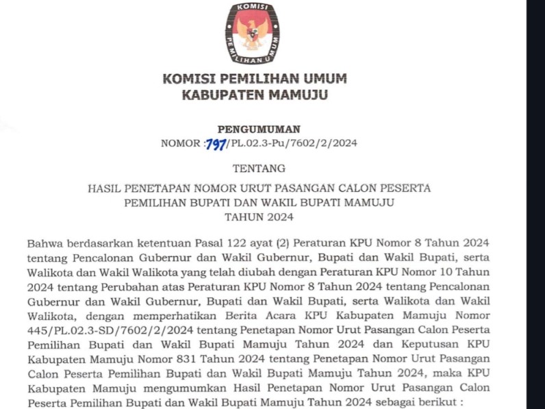 KPU Mamuju Tetapkan Nomor Urut Paslon Pilbup 2024
