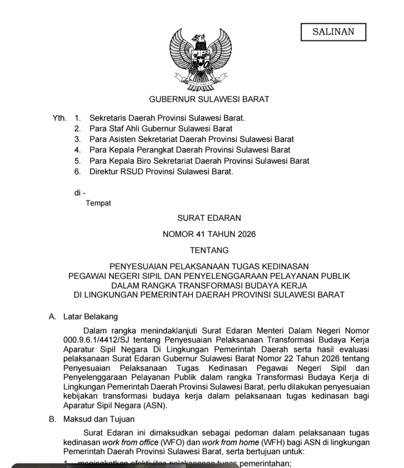 ASN Sulbar WFH Setiap Jumat, Ini Pejabat dan Layanan yang Tetap WFO